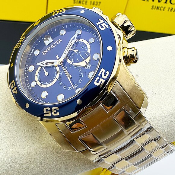 NEW Invicta Mens PRO DIVER SCUBA Chronograph Blue Dial 18Kt Gold Plated Watch - Picture 3 of 10